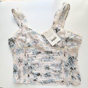 Bohme Pleated Smocked Bustier Tank Cream Blue Floral top Large
